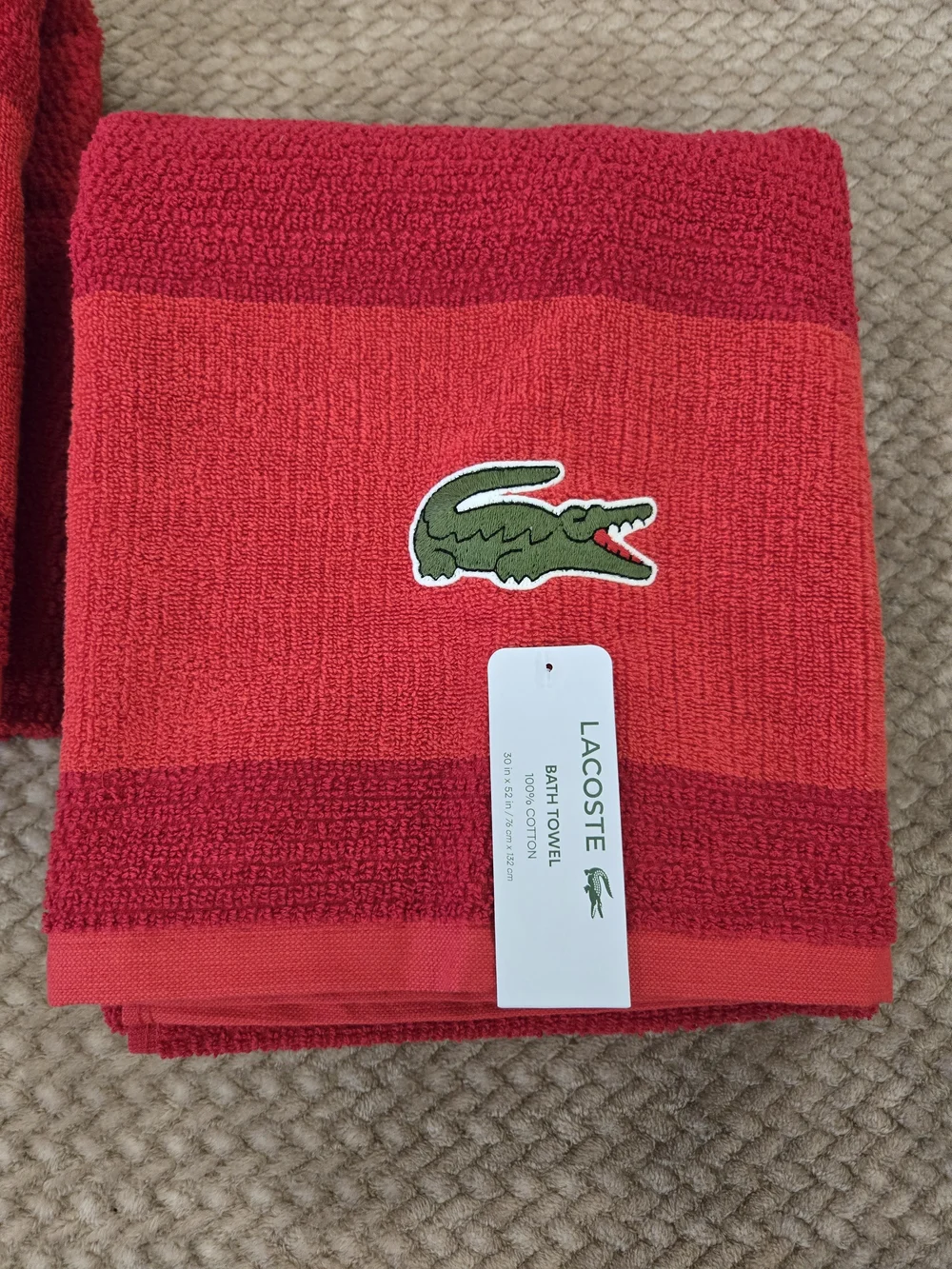 Lacoste Red Cotton Bath Towel - Embroidered Crocodile Logo